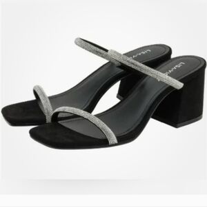 Lisa Vicky Mood Rhinestone Block Heel Slip On Mule Sandals Black NIB Size 7